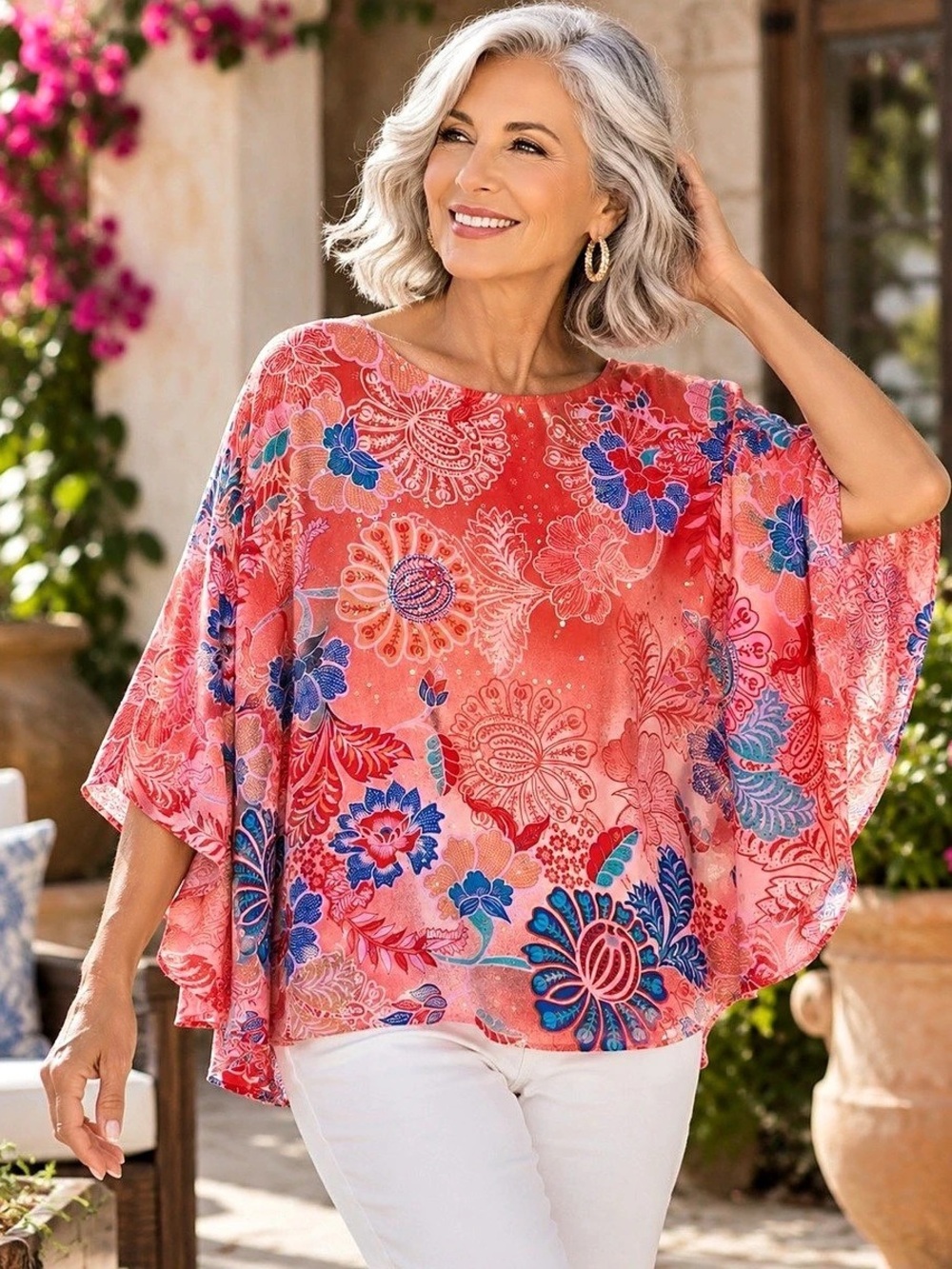Bob Mackie Wearable Art M Coral Floral Sequin Batwing Blouse Top Boho Resortwear